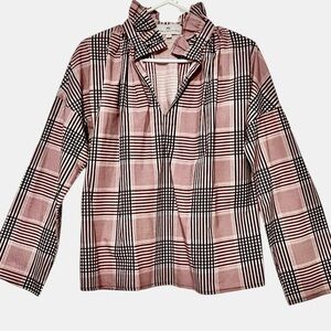 NEVER A WALLFLOWER Ruffle V-neck Maroon Purple White Plaid Shirt Preppy Top